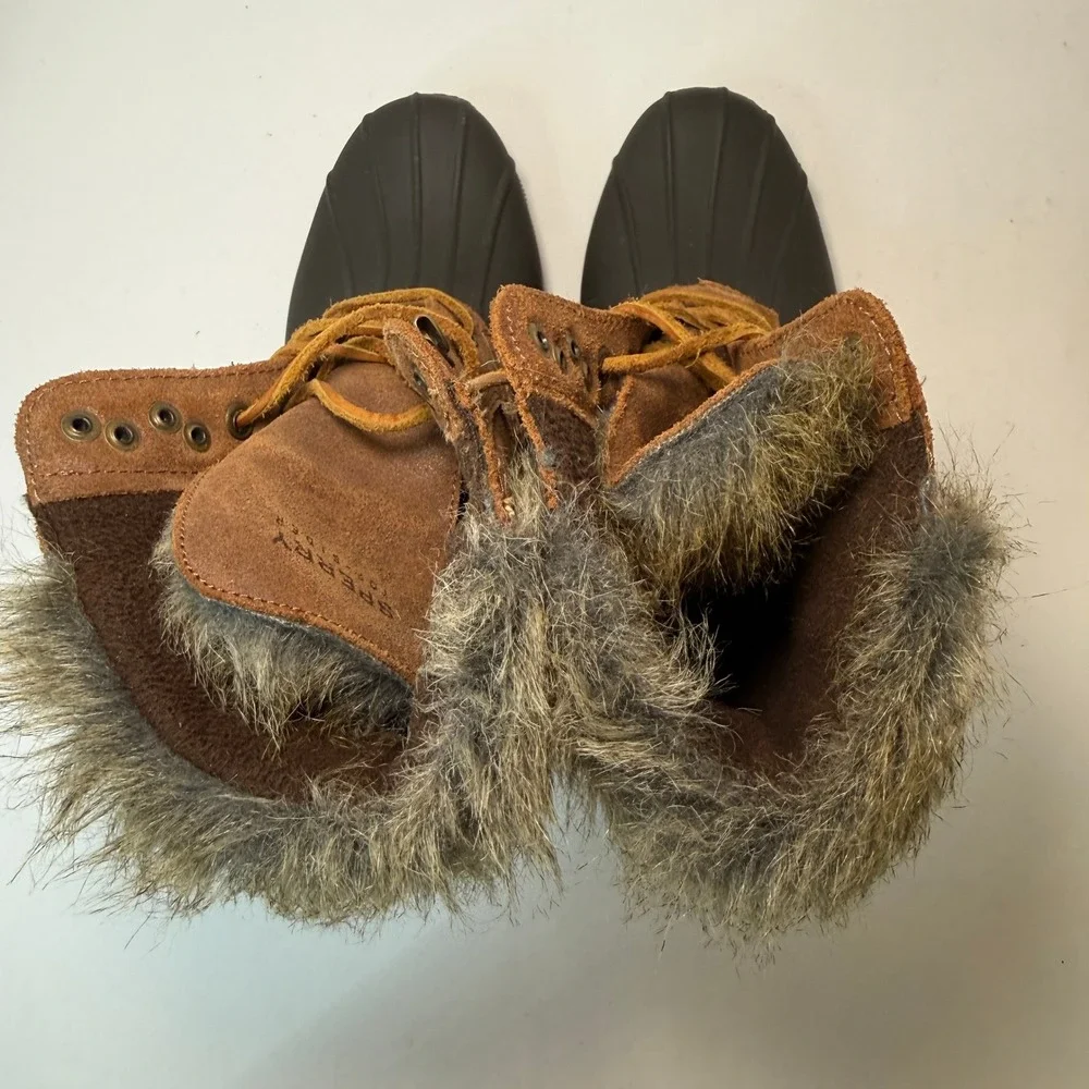 Sperry Top Sider Women's Saltwater Suede Faux Fur Duck Boots Brown STS93846 Sz 7
